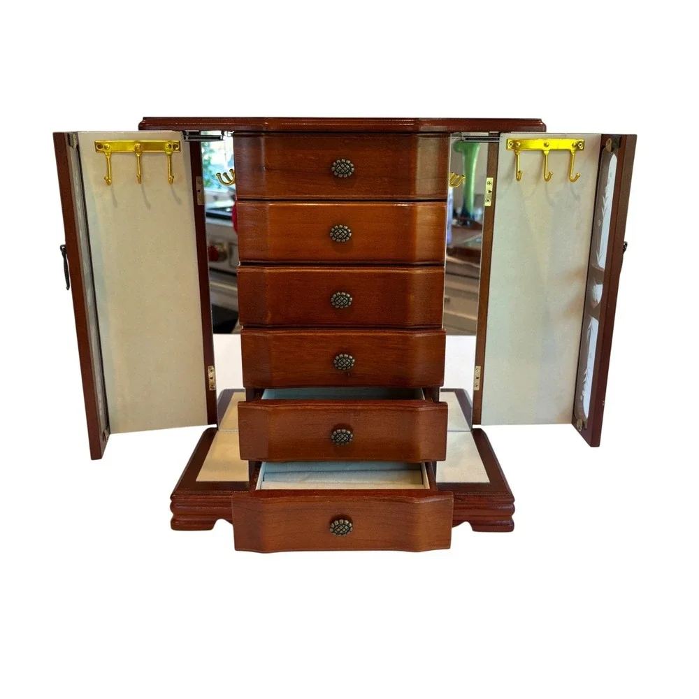 Vintage Wooden Jewelry Box Armoire Storage Chest Organizer Etched Glass Tall